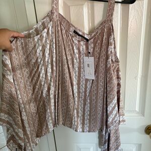 Manaola Taupe Cold-Shoulder Striped Floral Tank